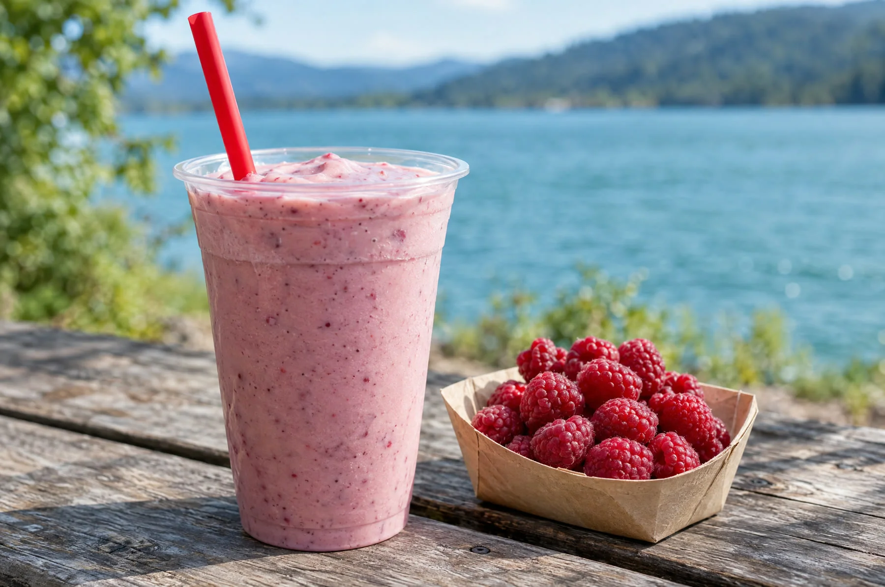 Illustration of a raspberry shake by a lake