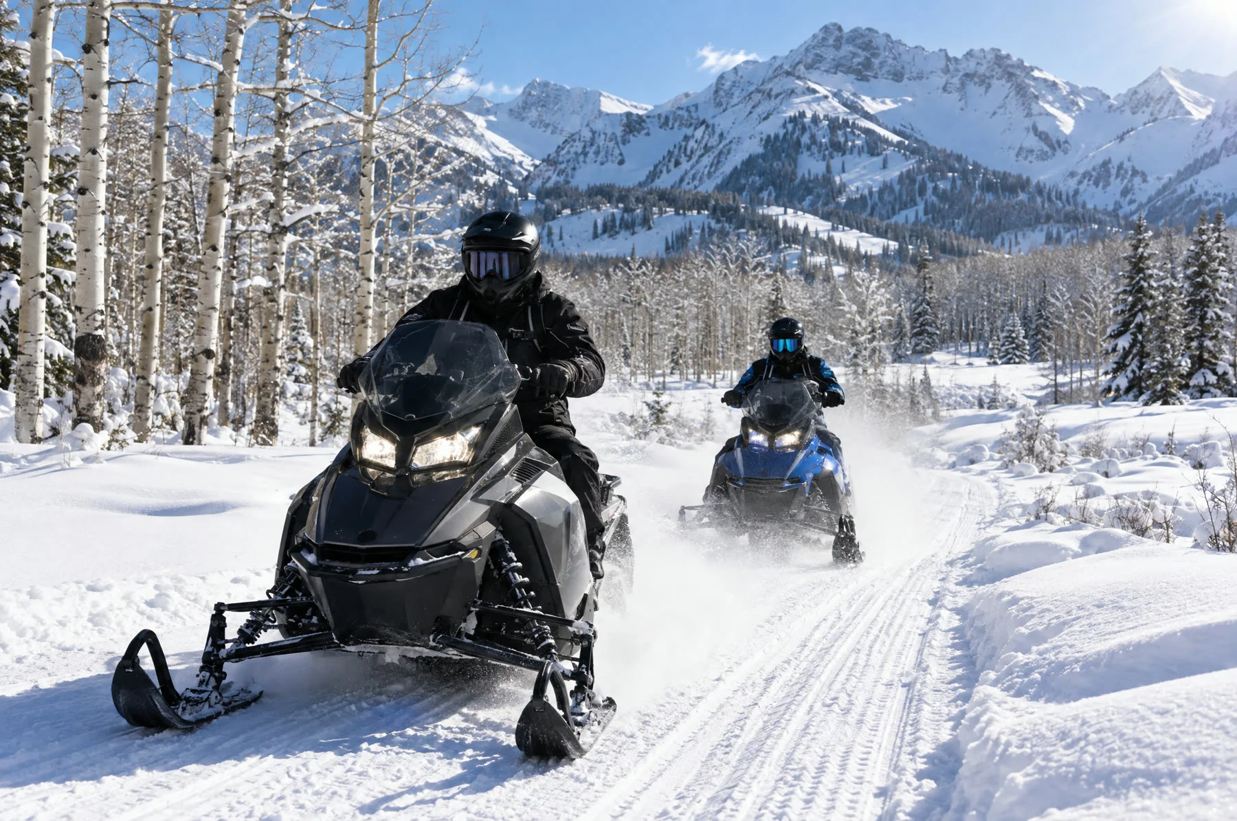 Illustration of snowmobiles on a groomed mountain trail