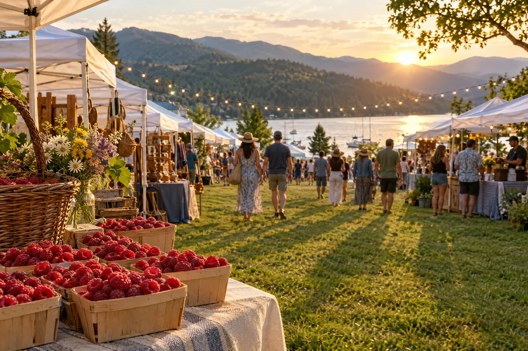 Illustration of a summer festival by a lake
